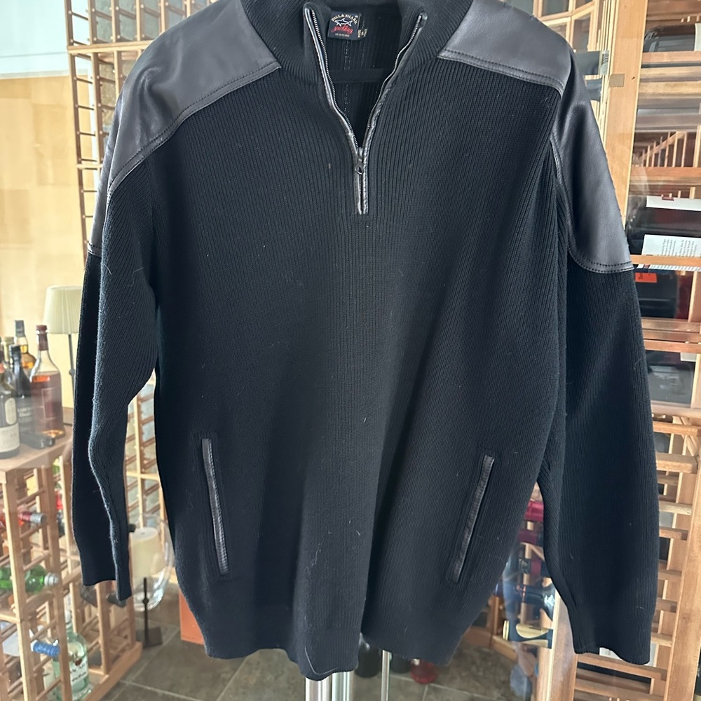 Men's Black Sweater with Leather Accents